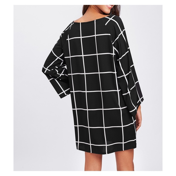 LAST ONE! Black White 3/4 Sleeve Plaid Shift Dress - Picture 5 of 5